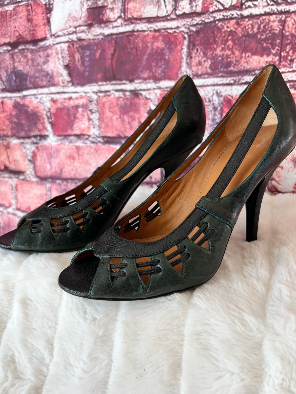 GIVENCHY Archival Dark Green Leather Cutout Peep Toe Stiletto Pumps